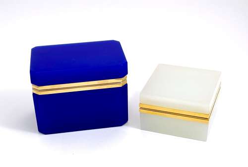 Antique Rectangular Lapis Blue Opaline Glass Casket Box