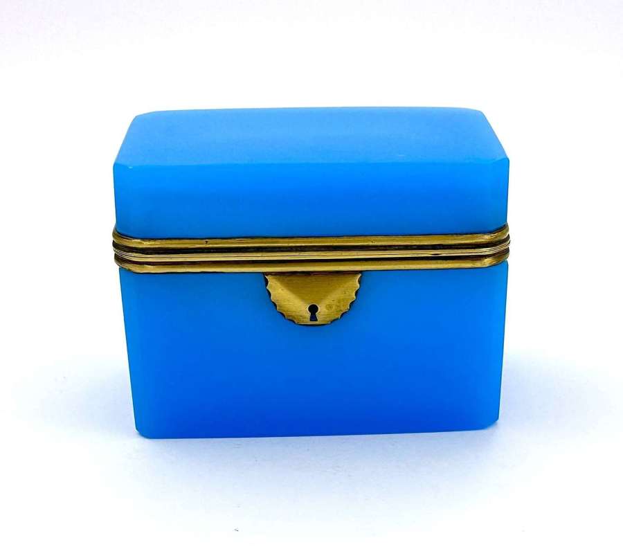 Antique French Blue Opaline Glass Casket Box with Smooth Mounts.