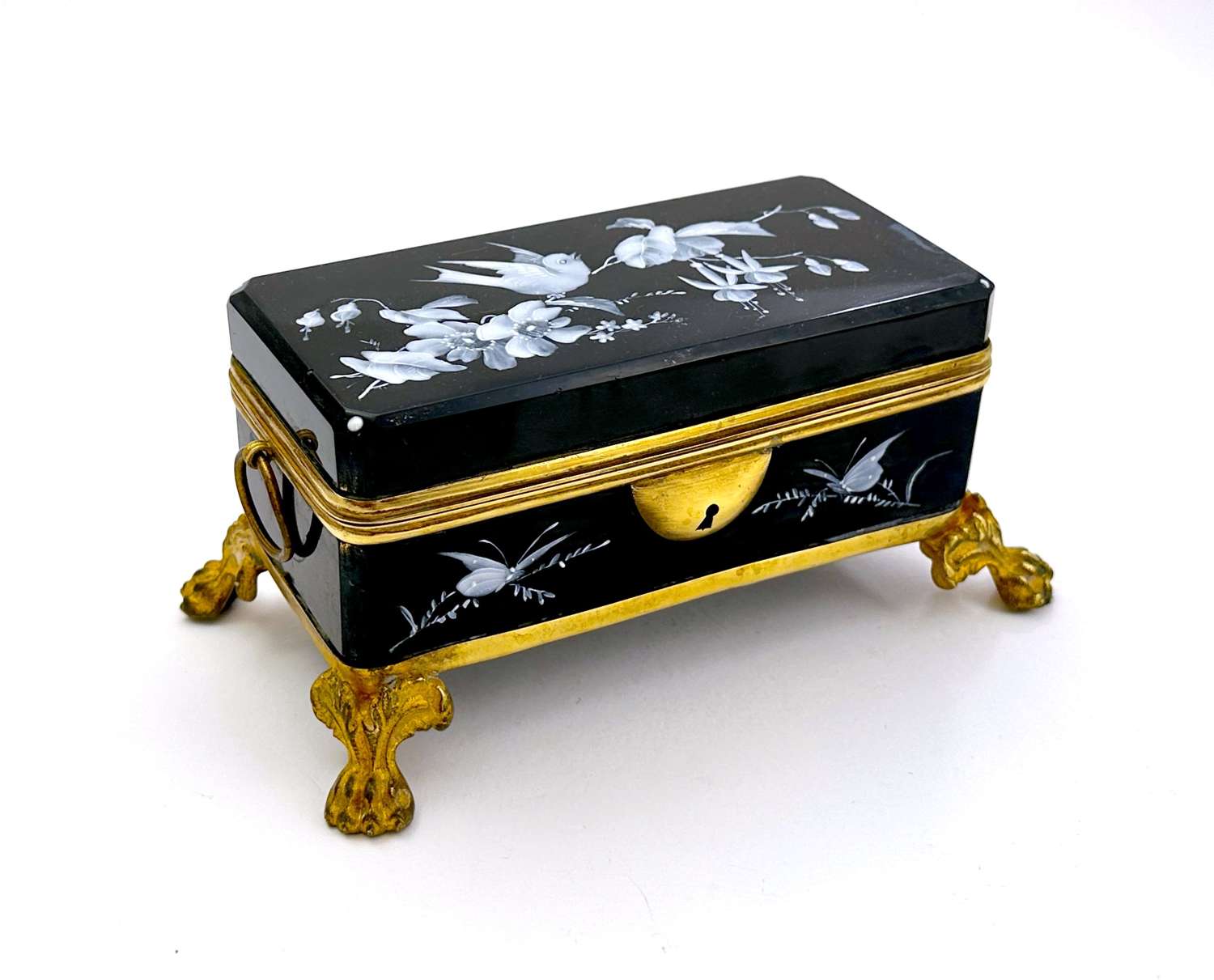 Antique French Black Opaline Box Decorated with Butterflies & Bird