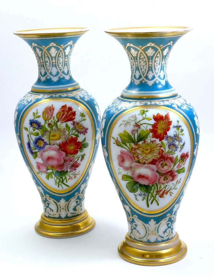 A Stunning Pair of Antique Baccarat Opaline Glass Vases by JF Robert