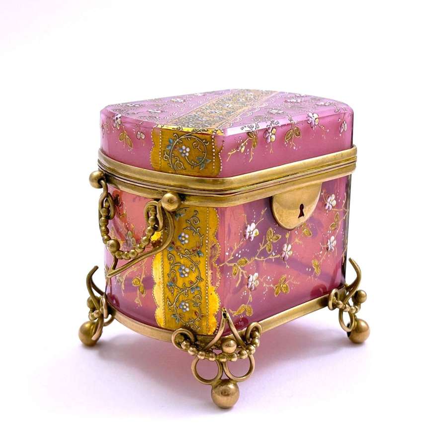 Rare Antique MOSER Pink Opaline Glass Box Enamelled with Flowers.
