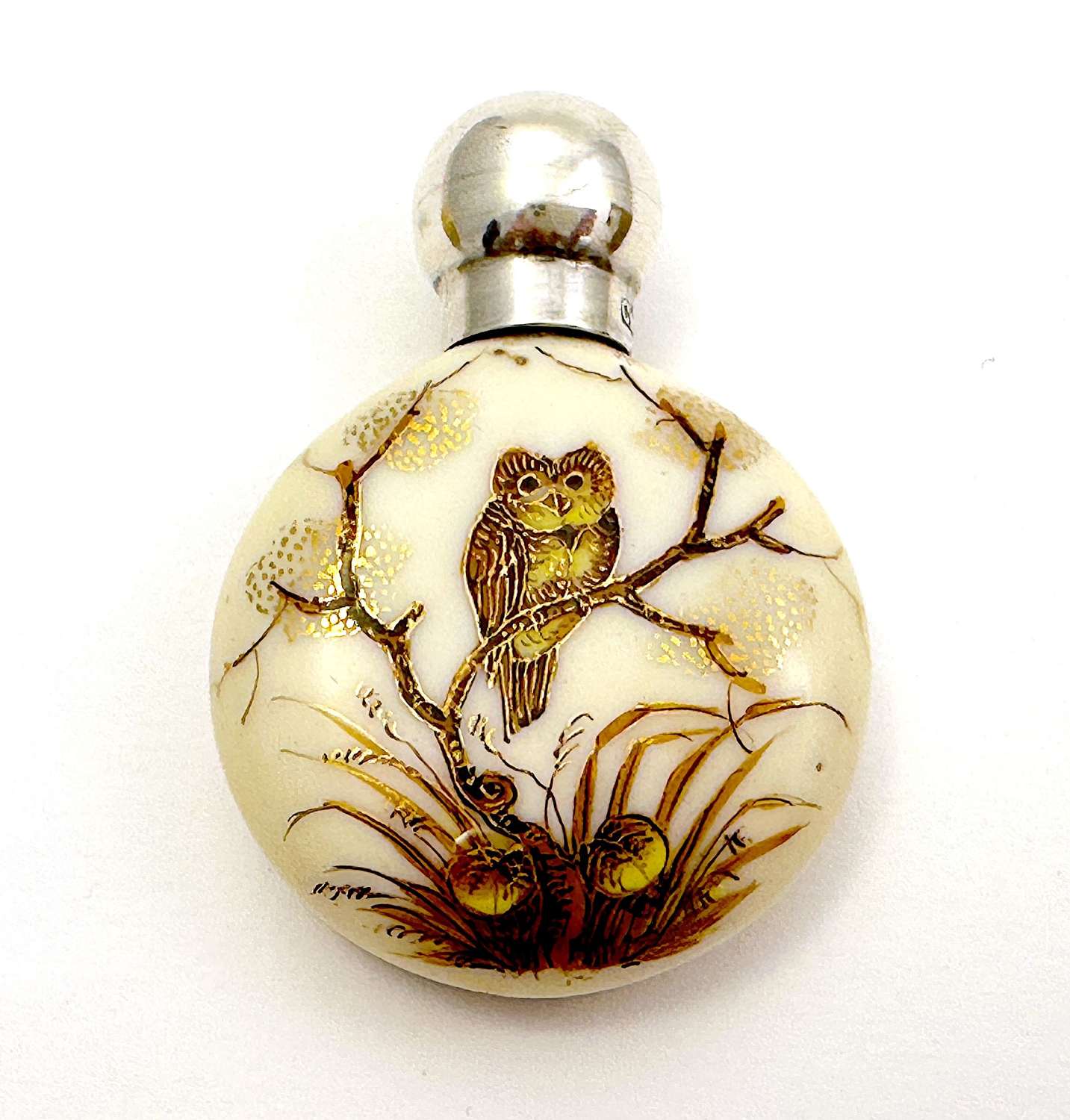 Antique Porcelain and Silver Perfume Bottle Depicting an Owl