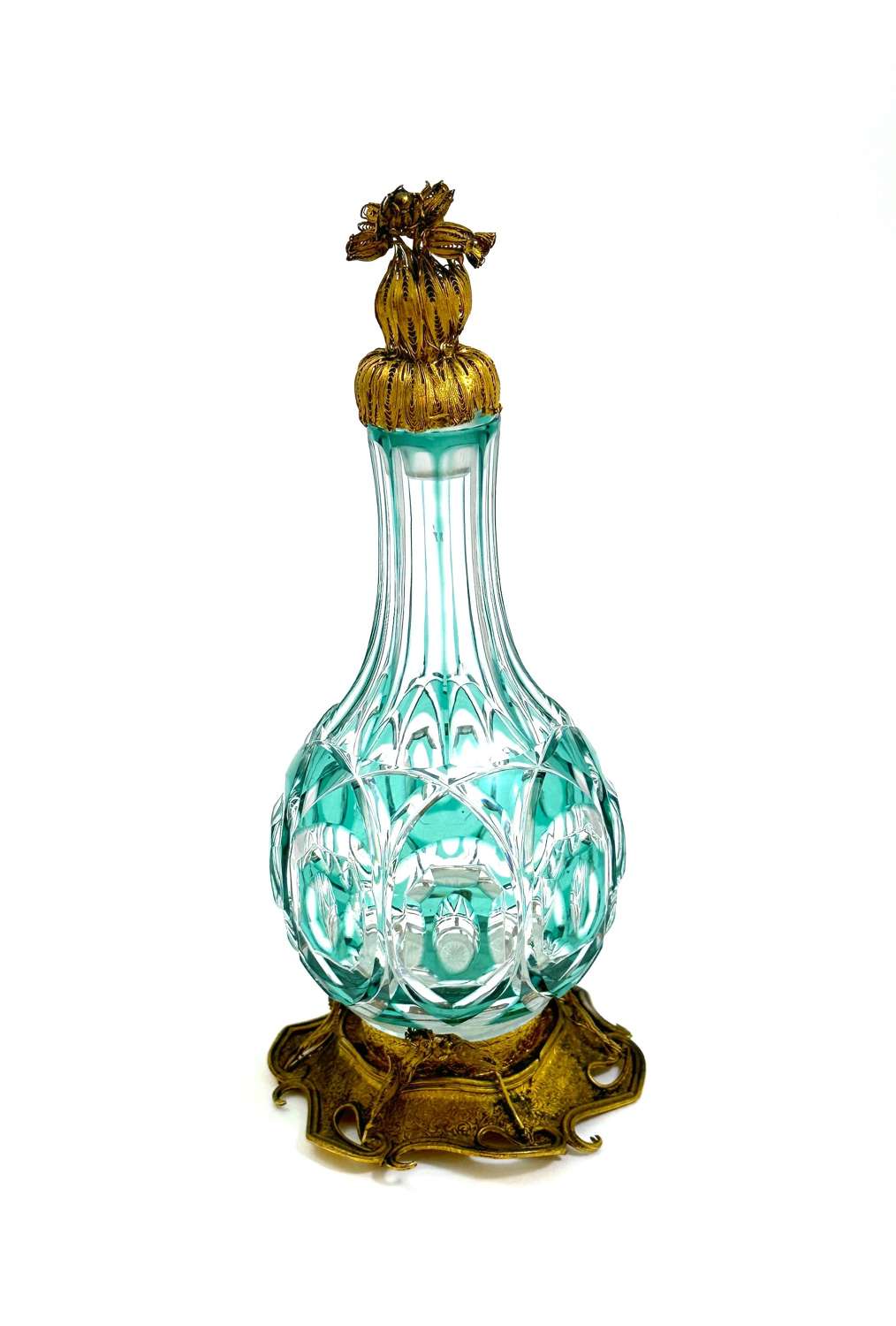 Antique French Overlay Cut Crystal Perfume Bottle with Ormolu Mounts.