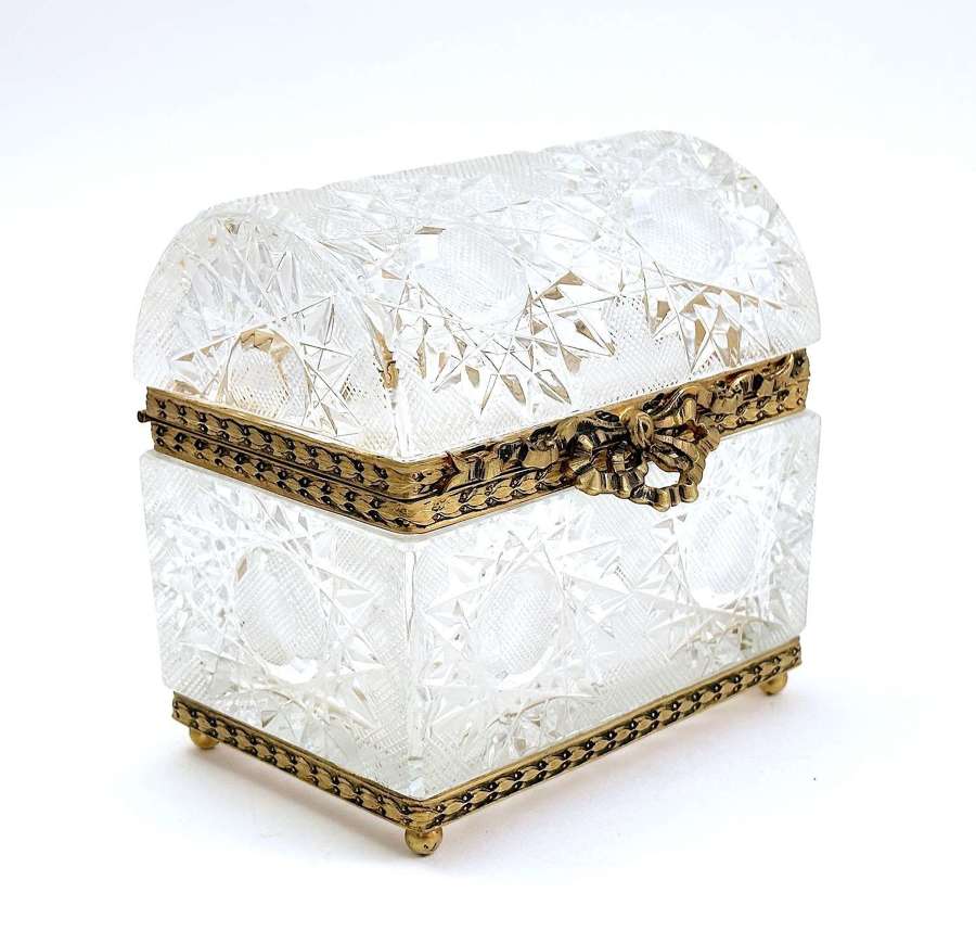 Large Antique BACCARAT Cut Crystal Casket with Large Dore Bronze Bow