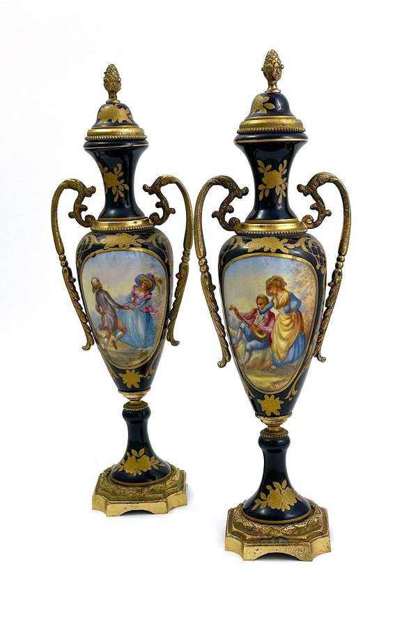 A Pair of Antique French 'Sevres' Blue Roi Porcelain Vases