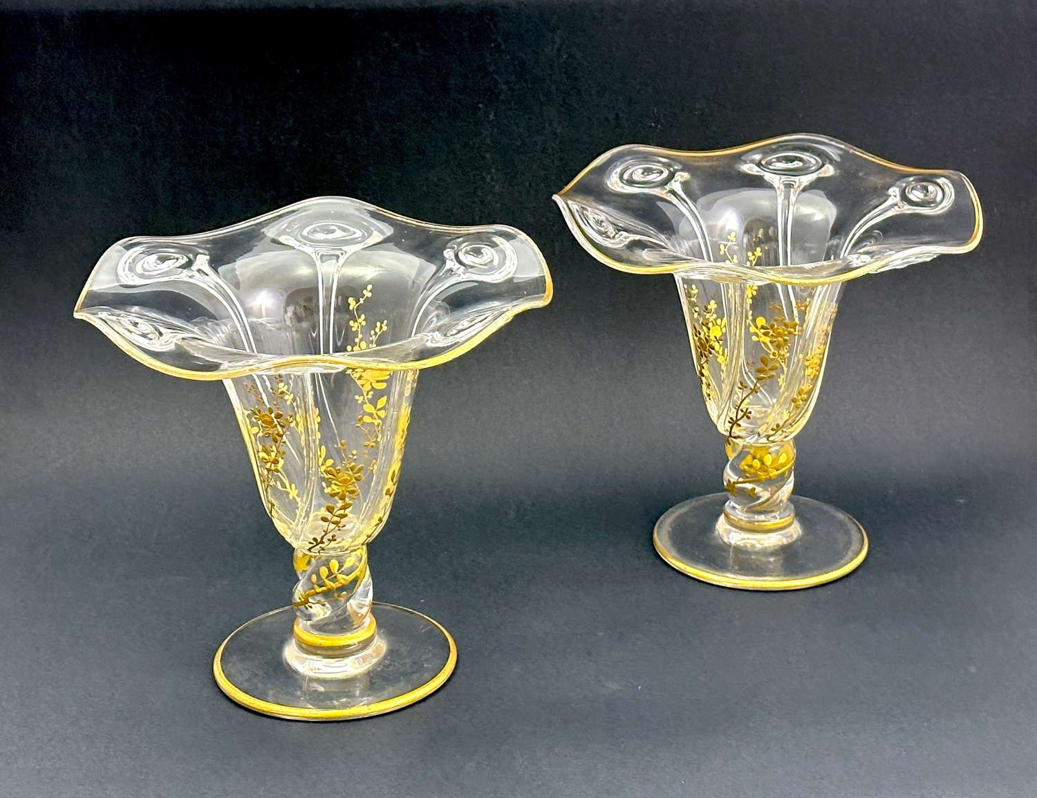 Pair of St Louis Crystal Vases with Gold Enamel Flower Decoration