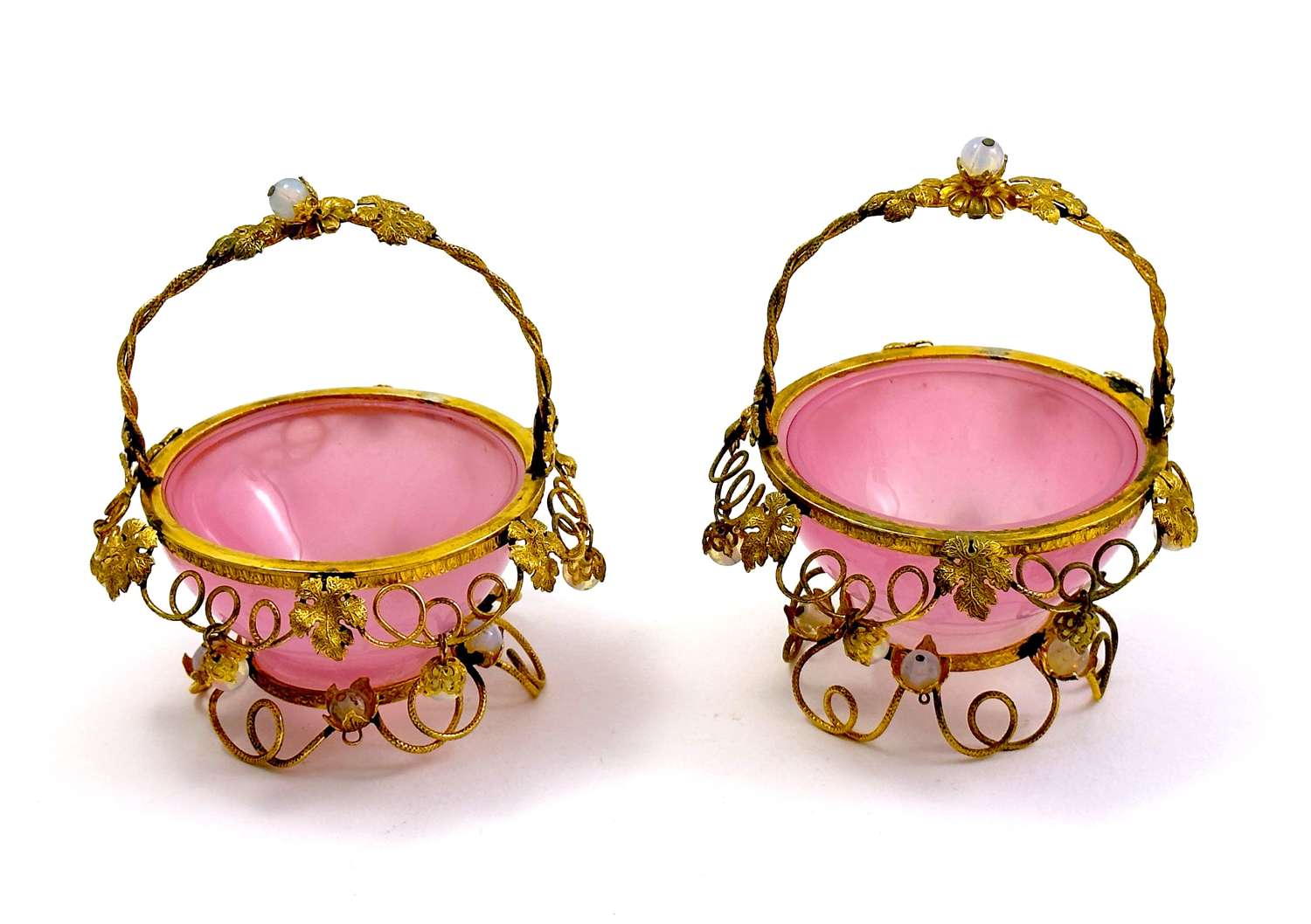 A Pair of Antique Palais Royal Pink Opaline Glass Baskets