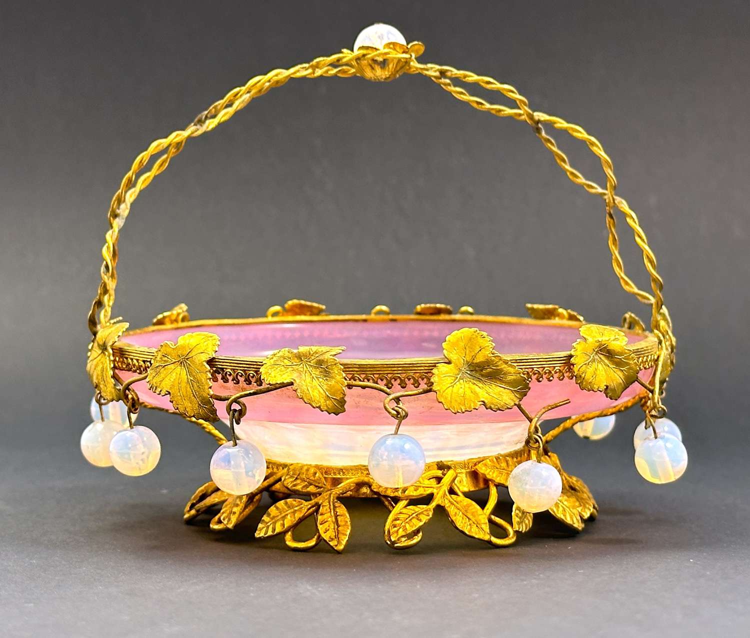 Antique Palais Royal Pink Opaline Glass Basket with Dore Bronze Mounts