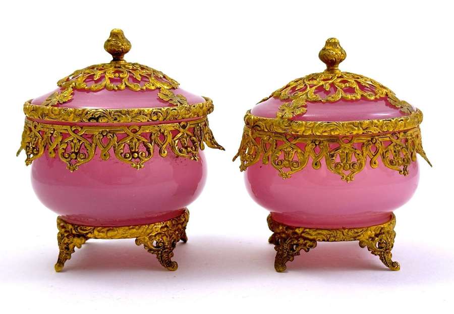 A Pair of Antique French Pink Opaline Glass Boxes and Covers