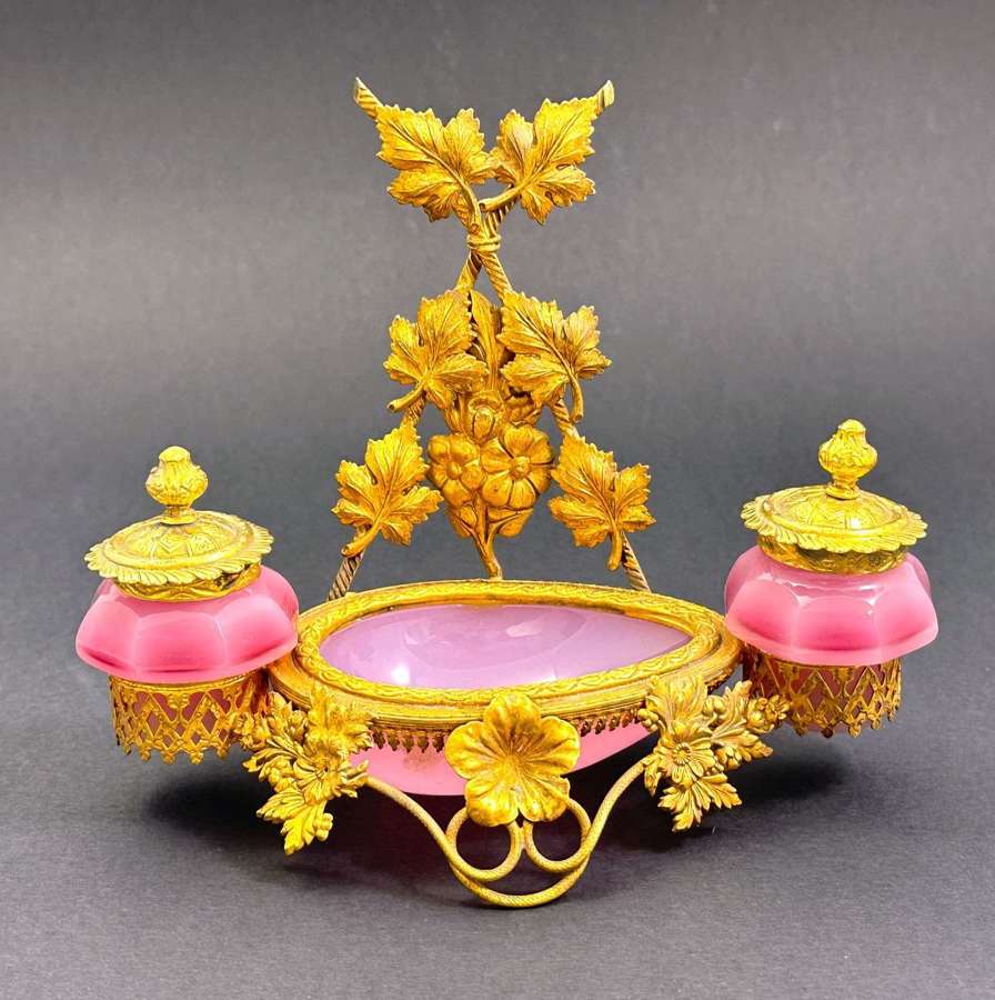Rare Antique Palais Royal French Pink Opaline Glass and Dore Inkwell