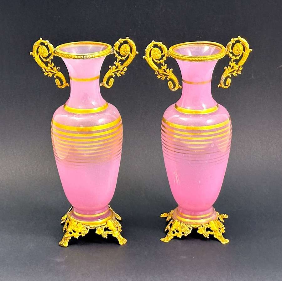 A Pair of Charles X Pink Opaline Glass Vases with Fine Dore Mounts