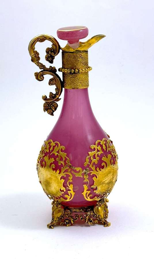 A Tall Antique Palais Royal French Pink Opaline Glass Perfume Bottle