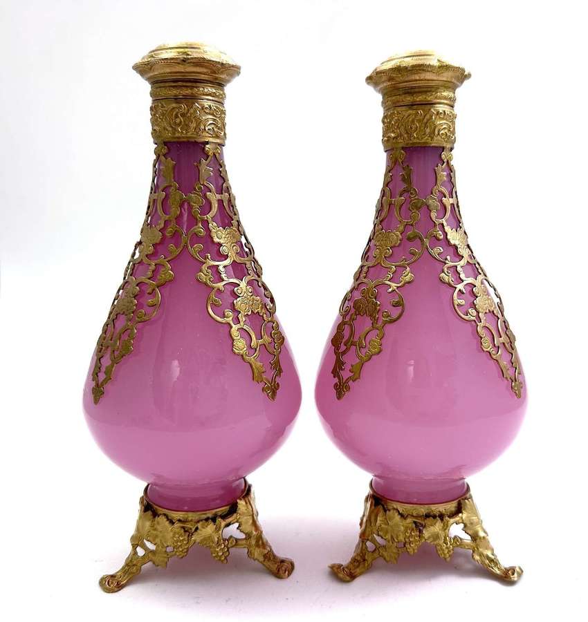 Pair of Rare Antique Palais Royal Pink Opaline Perfume Bottles