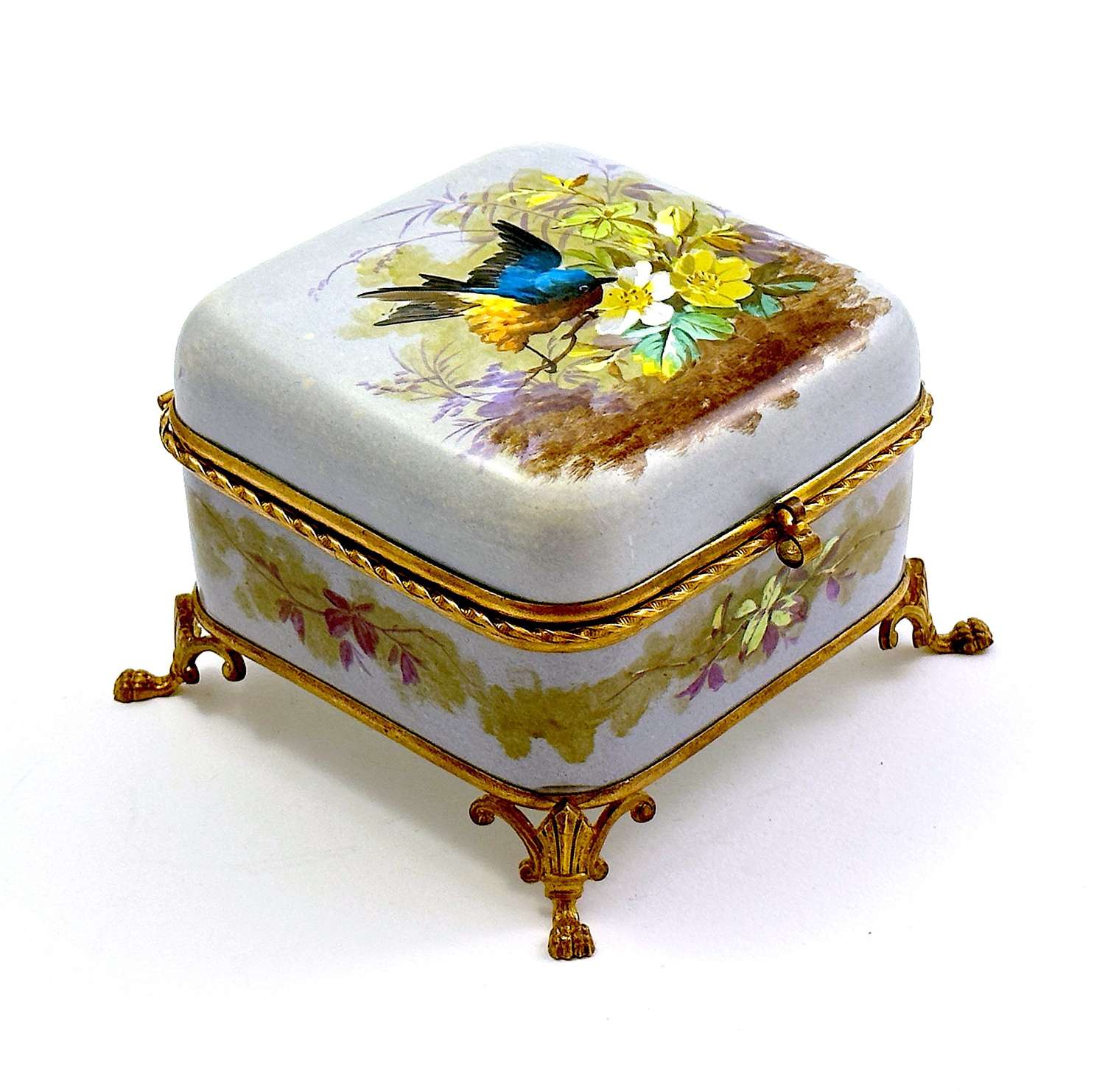 Antique French Porcelain Casket with Dore Bronze Twisted Rope Mounts.