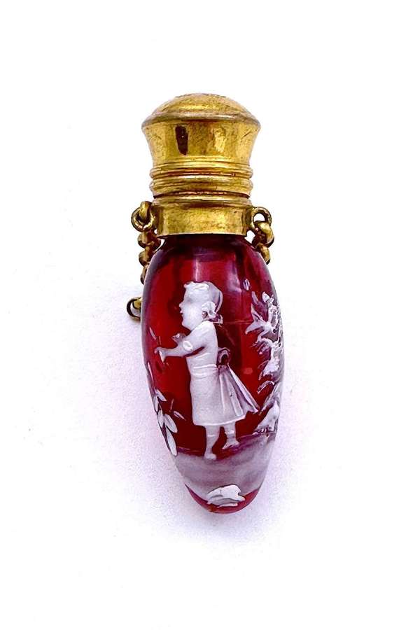 Antique Mary Gregory Cranberry Glass Perfume Bottle and Chatelaine.