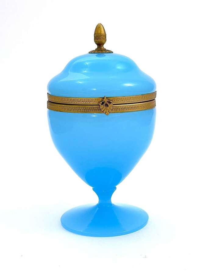Antique French Blue Opaline Glass Hinged Box with Glass Pedestal Base