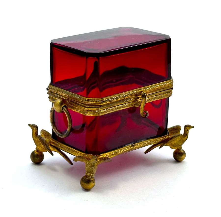 Antique French Ruby Red Crystal Glass Box with Birds Dore Bronze Mount