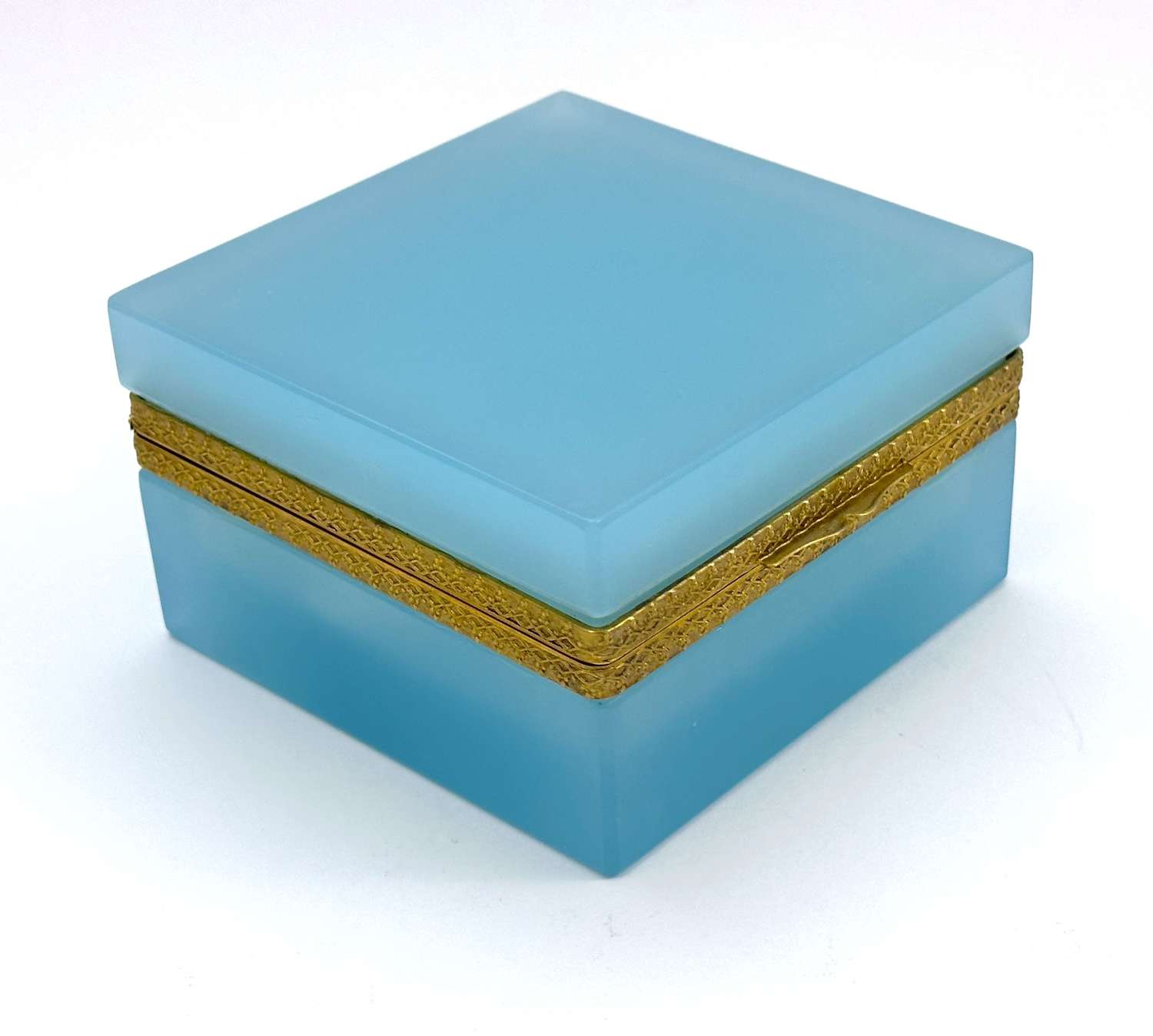 Antique Turquoise Blue Opaline Glass Square Box with Fancy Dore Mounts