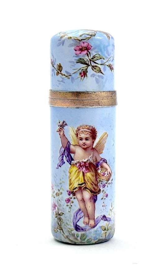 Antique French Enamelled Perfume Bottle Decorated with a Cherub.