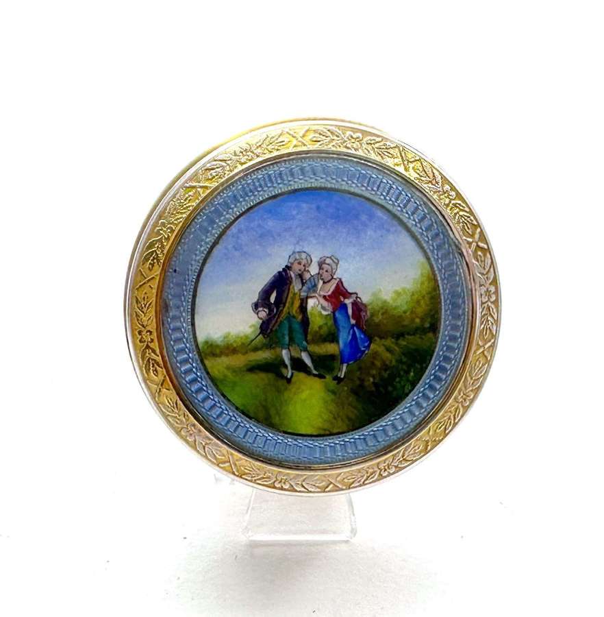 Antique Miniature Guilloche Enamel Pill Box with Courting Couple.