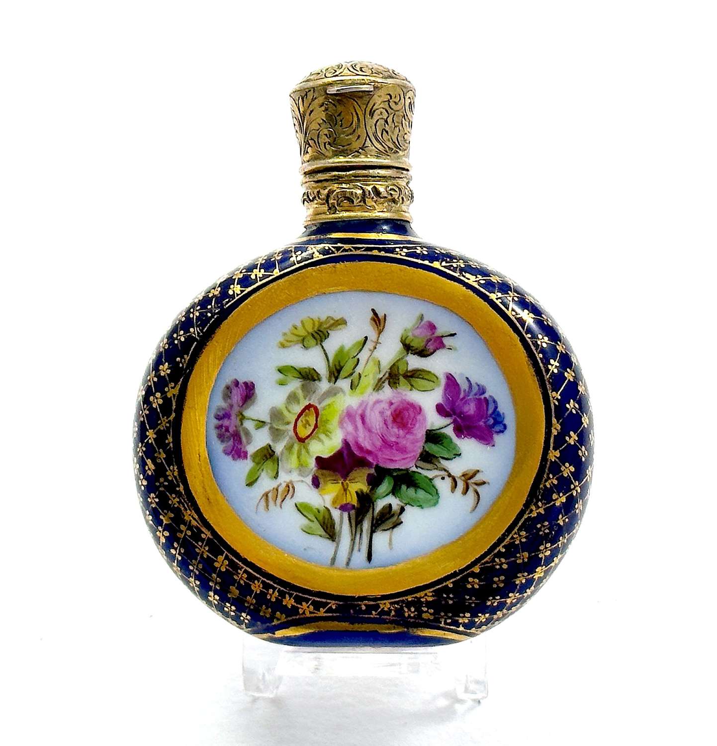 Exquisite Antique French Cobalt Blue Porcelain Perfume Bottle