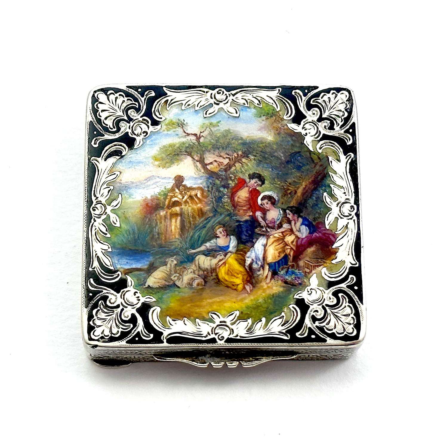 Antique Swiss Silver Compact with Hand Painted Enamel Miniature.