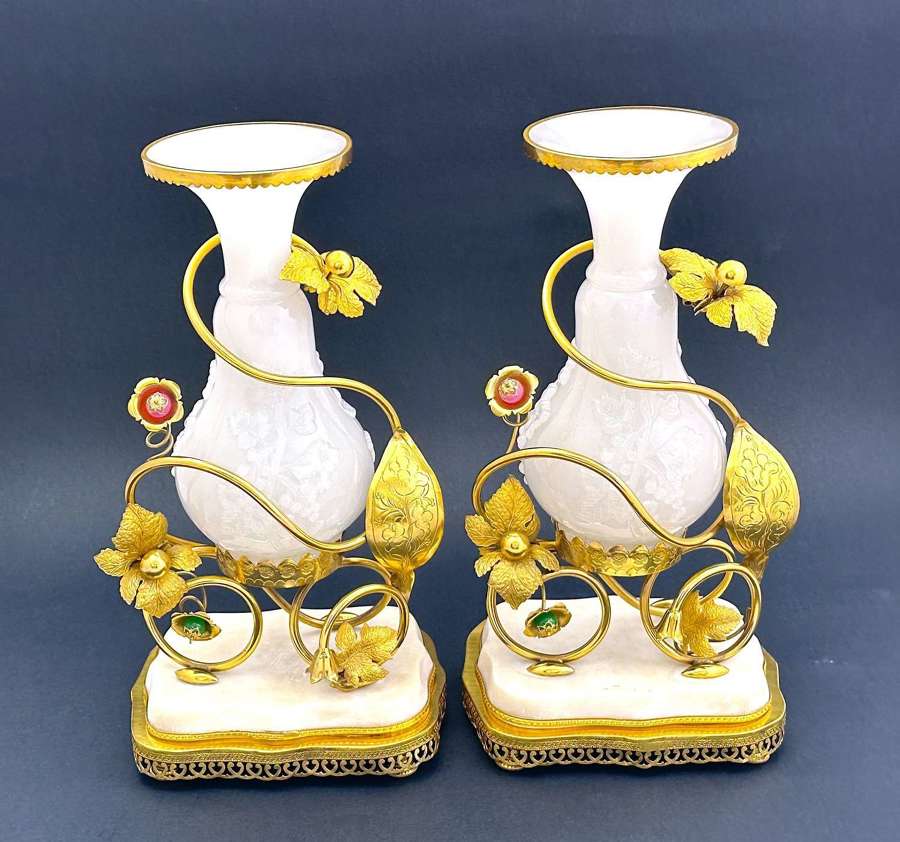 A Large Pair of Antique Palais Royal French White Opaline Glass Vases