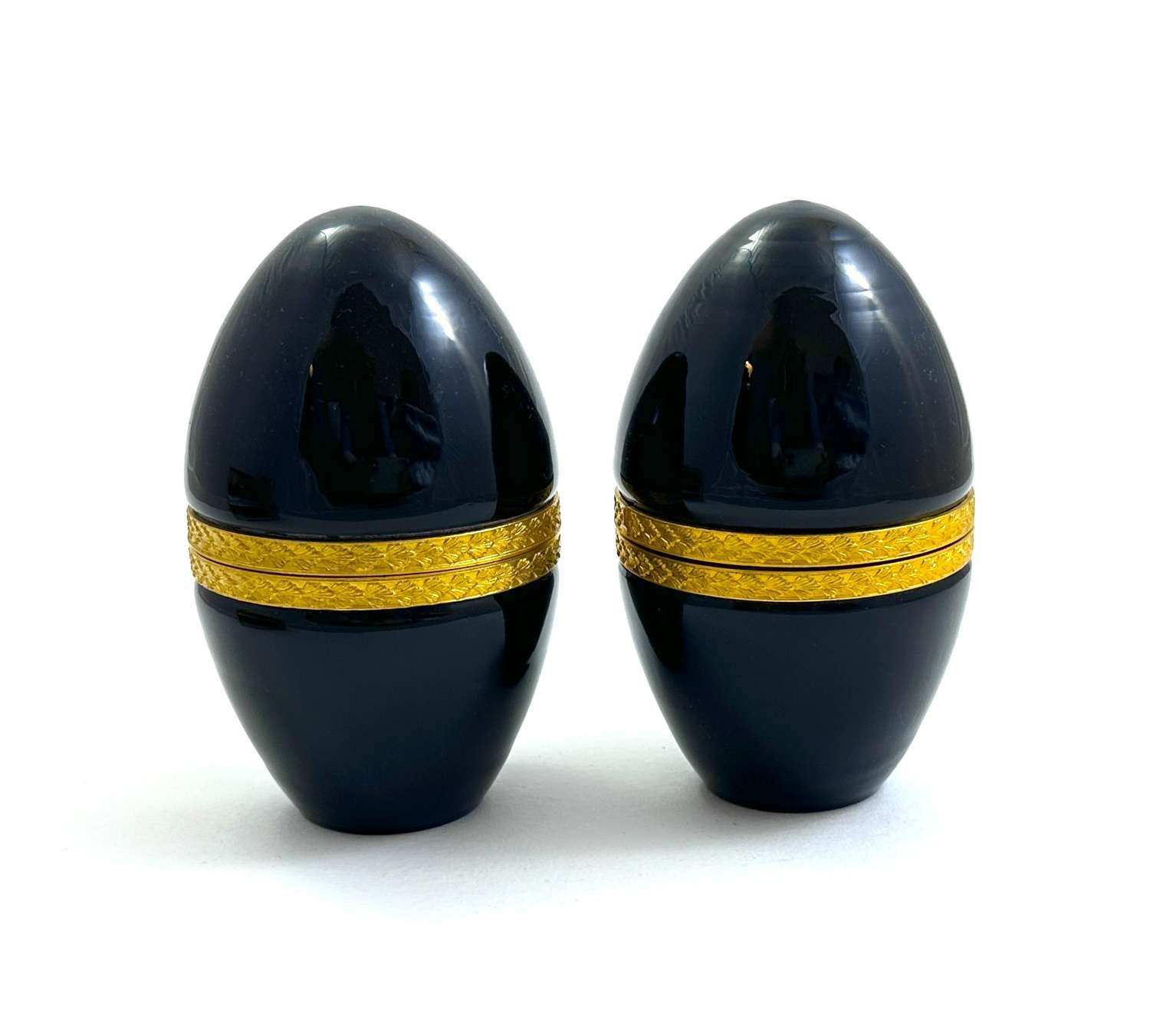 A Pair Antique Murano Black Opaline Glass Egg Shaped Casket Boxes