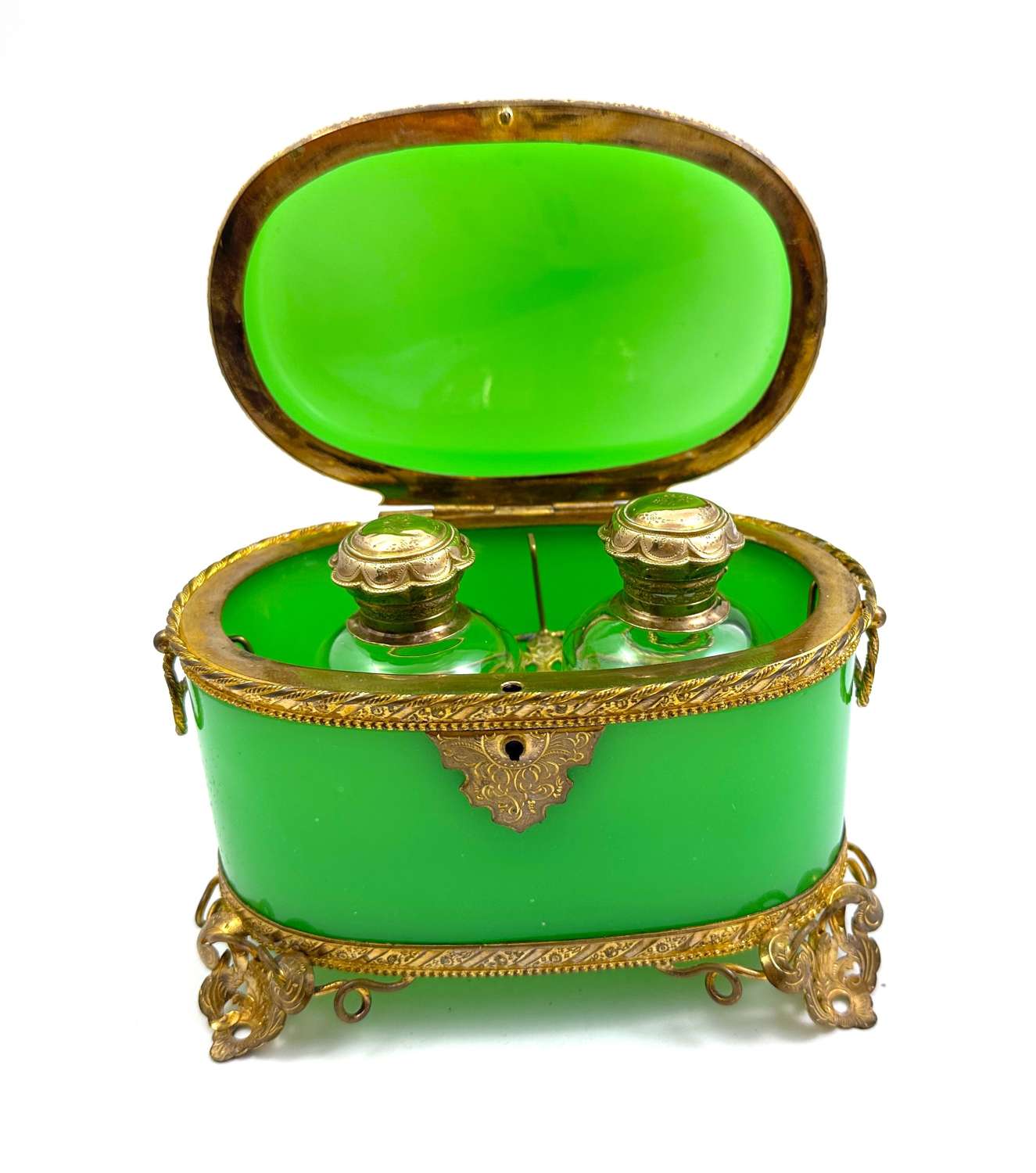 Large Antique BACCARAT French Green Opaline Glass Perfume Casket