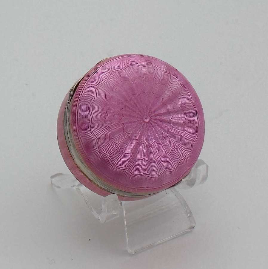 Antique Miniature Pink Guilloche Enamel and Sterling Silver Pill Box.