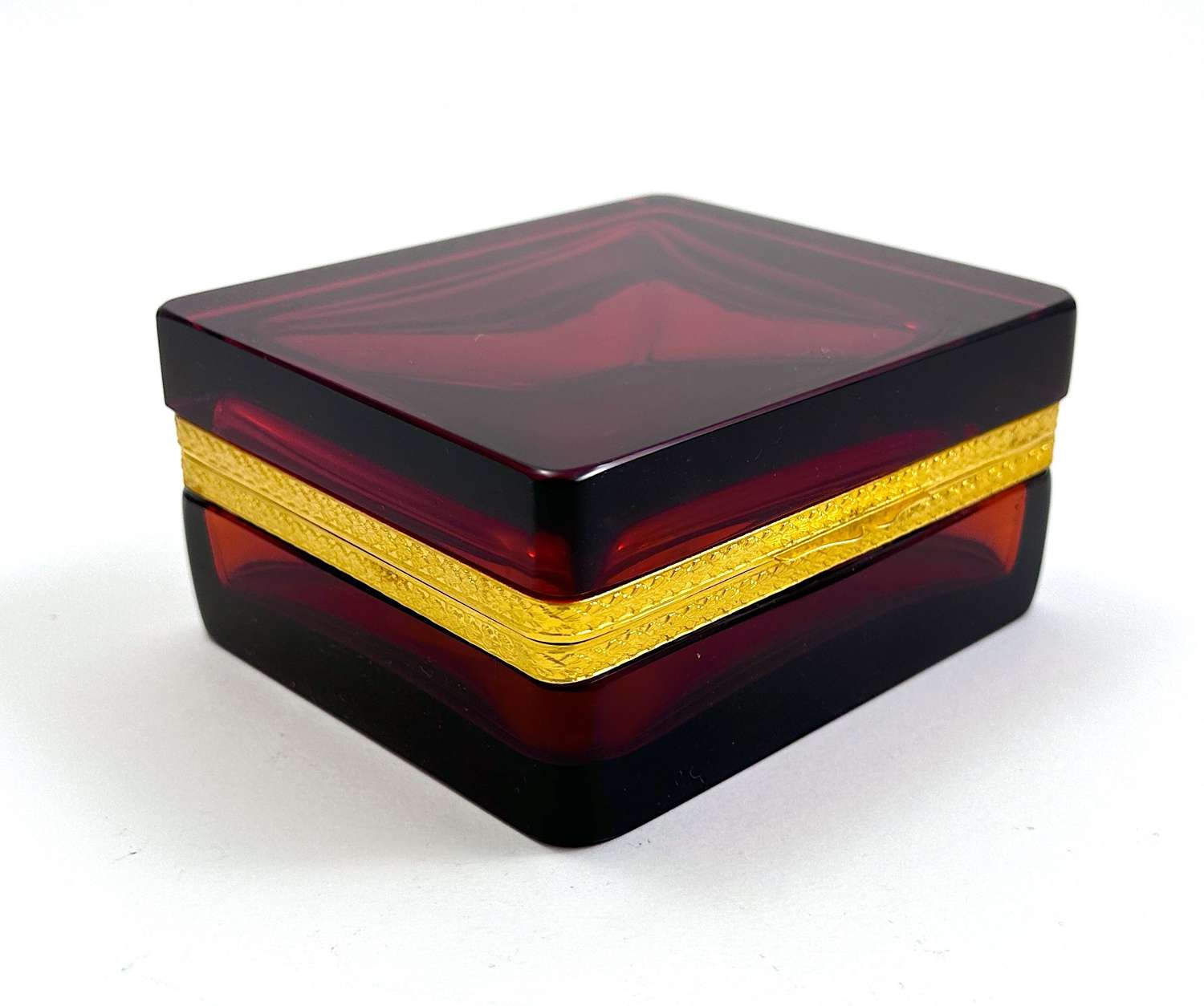 Antique Square Ruby Red Glass Casket Box with Fancy Dore Bronze Mounts