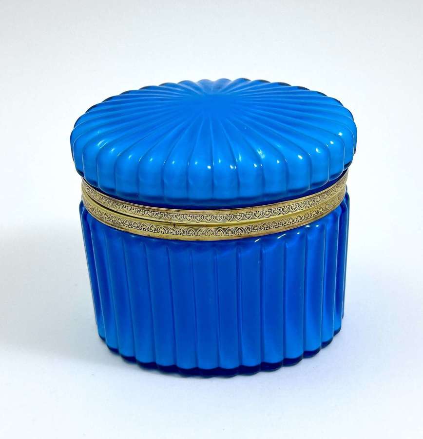 Antique French Oval Blue Opaline Glass Casket with Ribbed Design