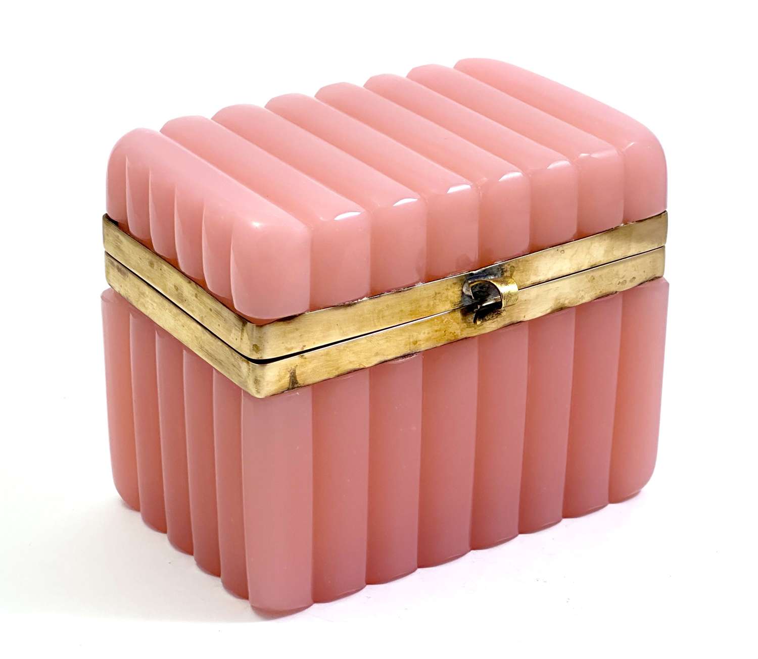 Antique French Pink Opaline Glass Casket with Ribbed Design