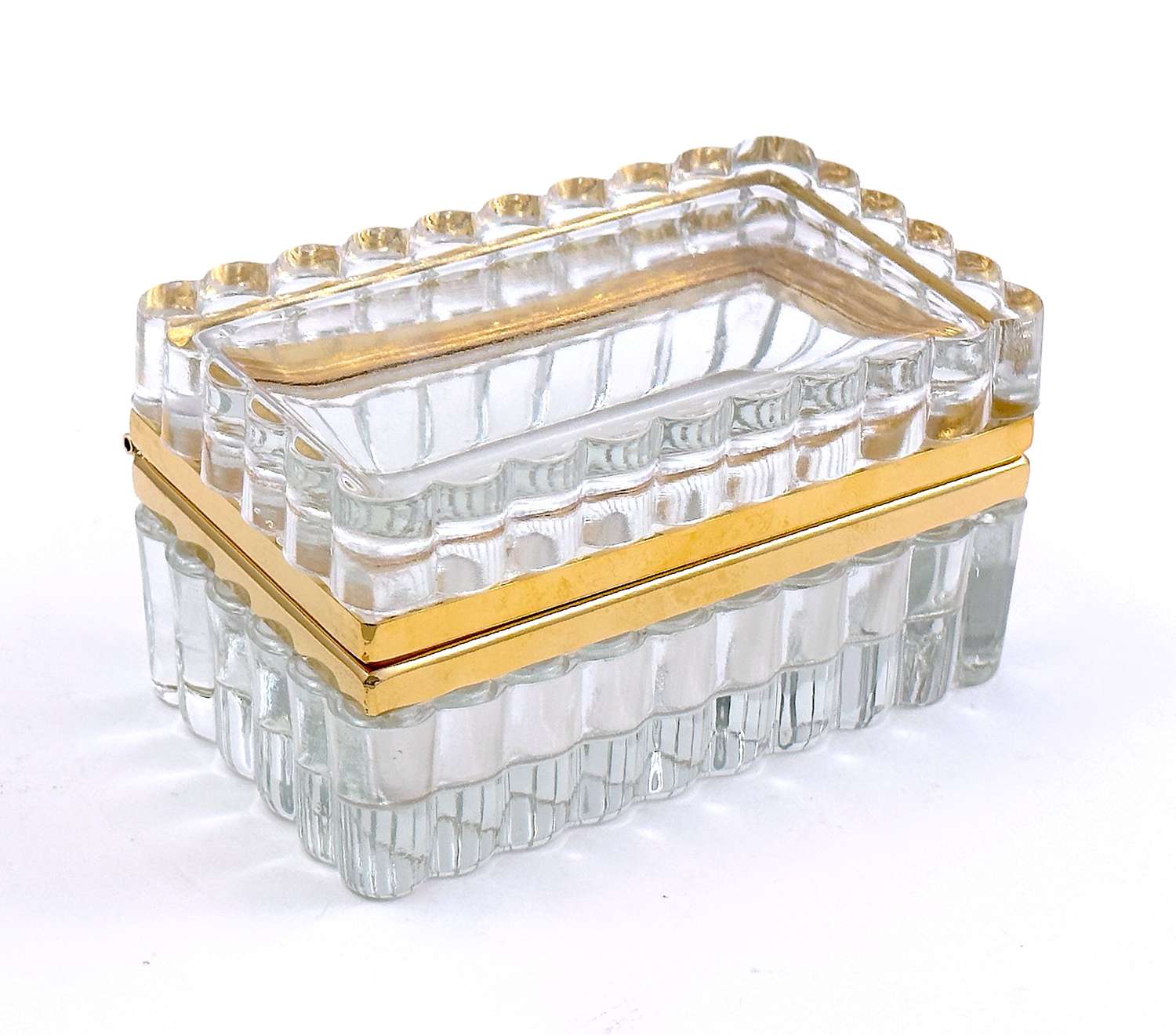 Antique Clear Crystal Glass Rectangular Casket Box with Scallop Edges.