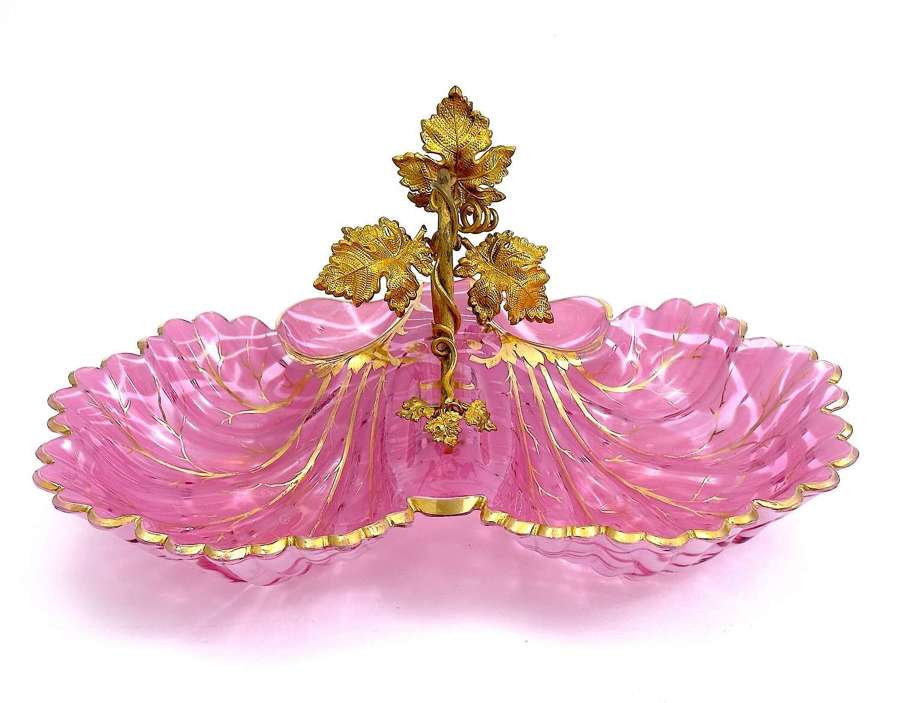 Large Antique Bohemian Pink Opaline Glass Double Dish