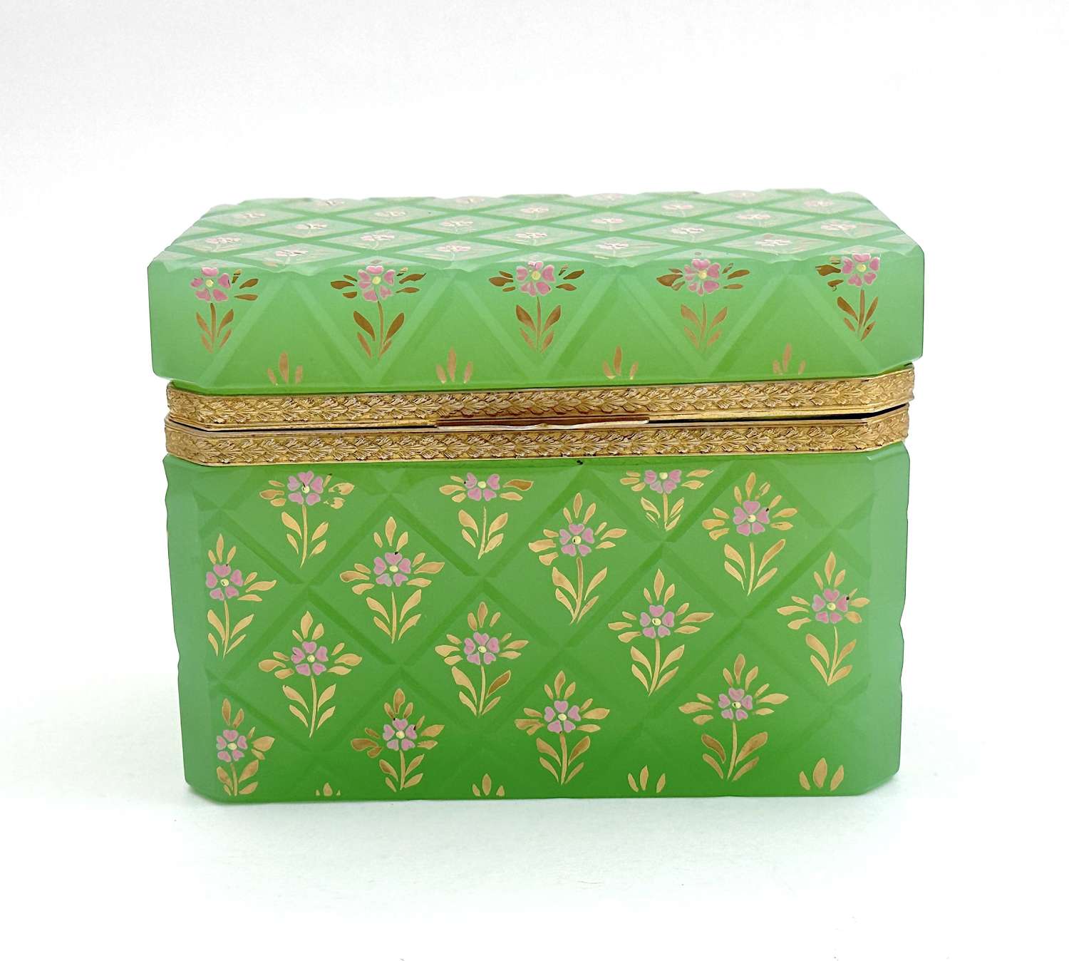 Superb Antique French Green Opaline Glass Box Decorated with Flowers