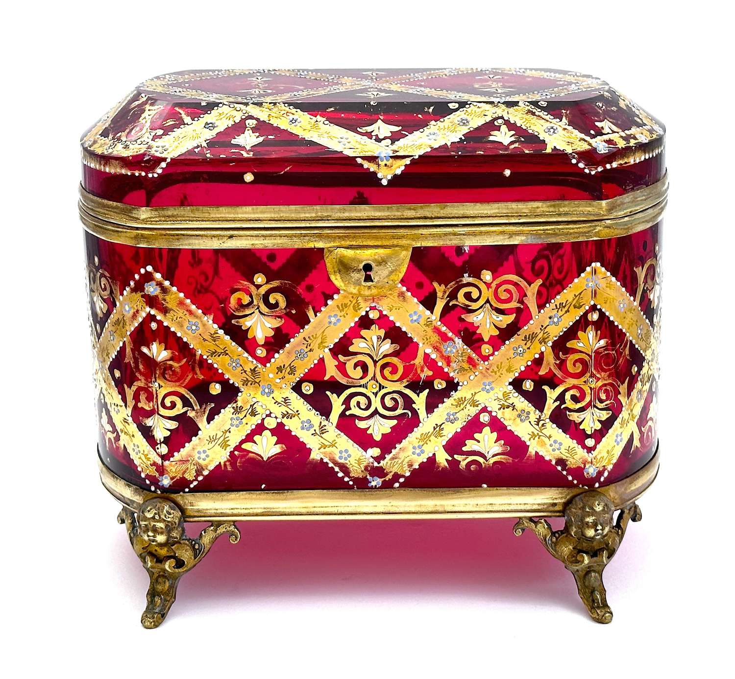 Magnificent HUGE XL Antique MOSER Cranberry Glass Casket Box