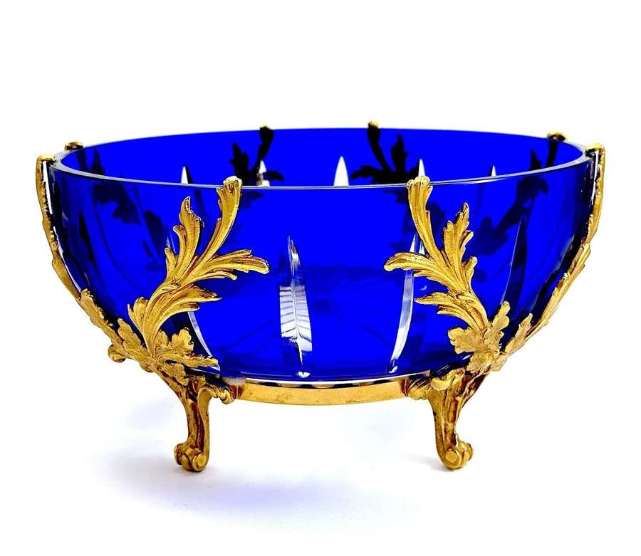 Antique French Blue Crystal Cut Bowl with Fine Dore Bronze Mounts