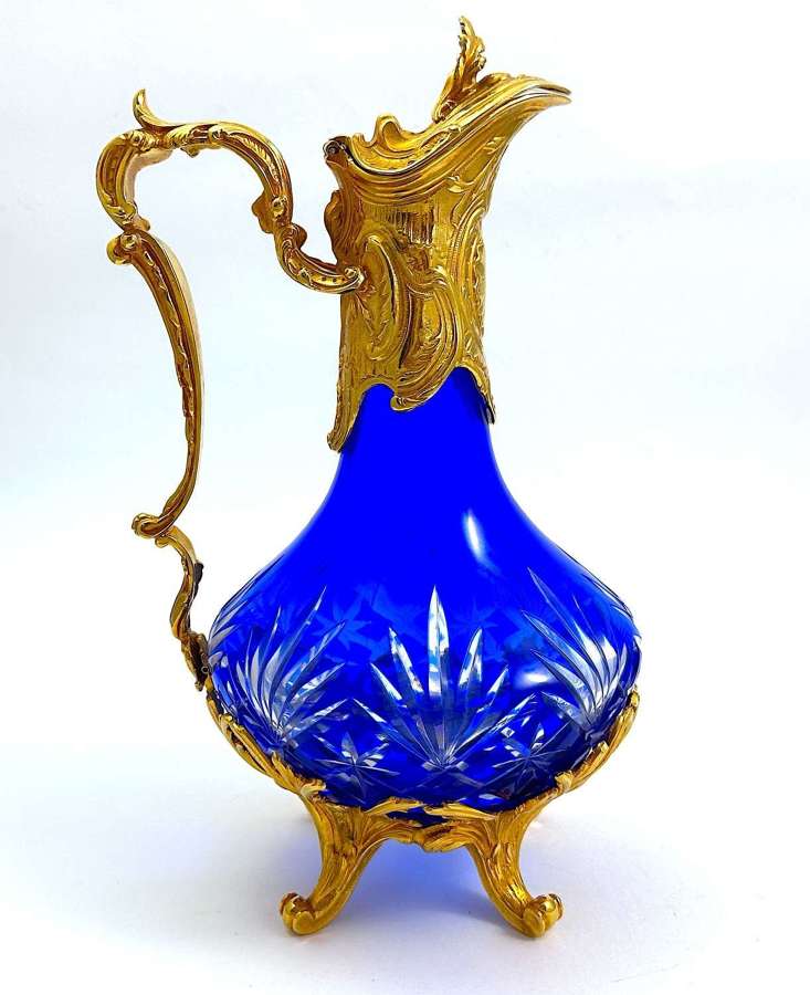 Antique French Cobalt Blue Cut Crystal Carafe with Dore Bronze Mounts
