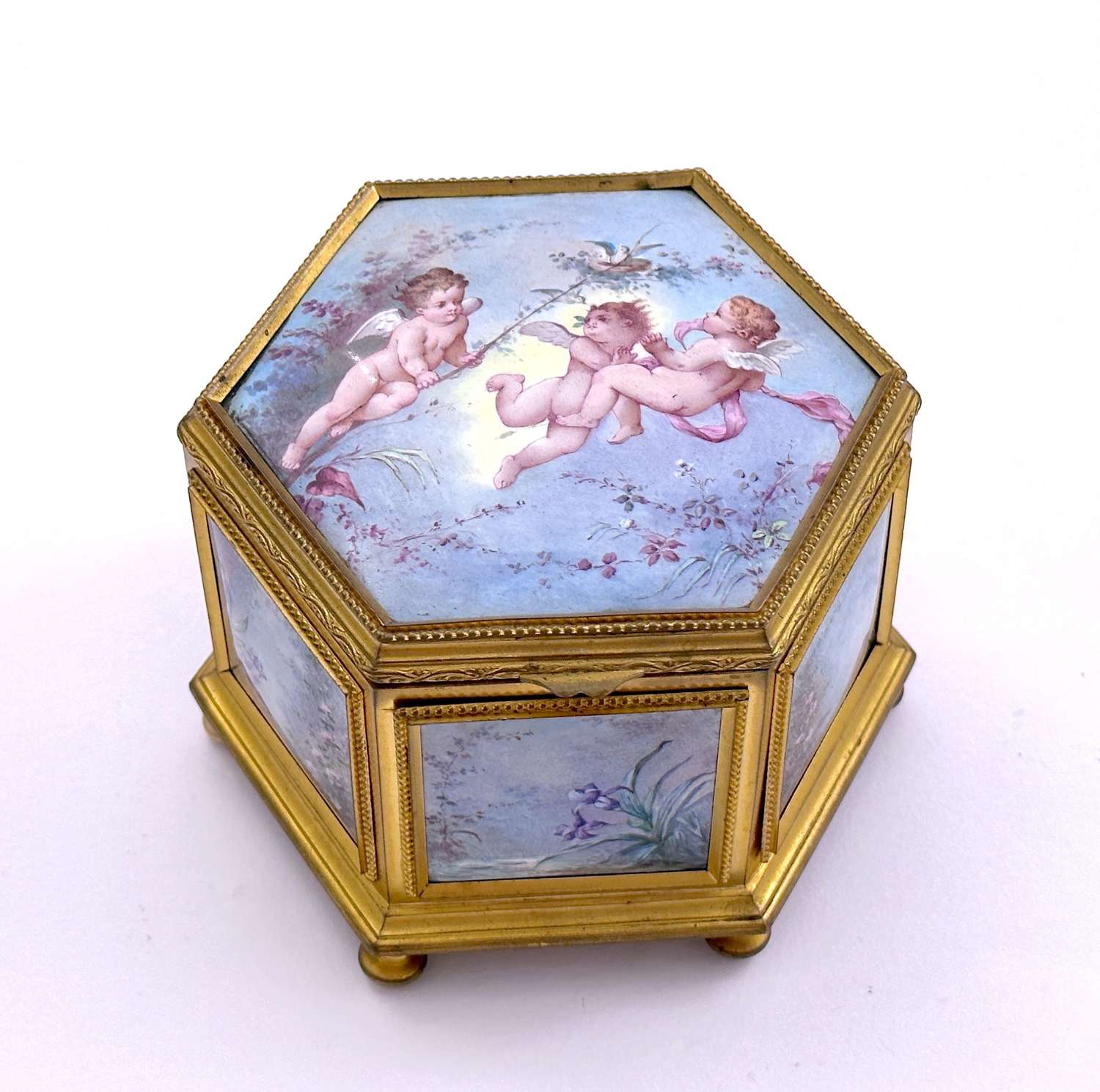 Fine Antique French Enamelled and Dore Broze Hexagonal Jewellery Box