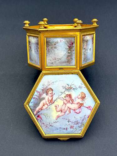 Fine Antique French Enamelled and Dore Broze Hexagonal Jewellery Box