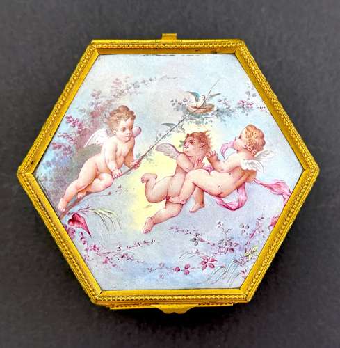 Fine Antique French Enamelled and Dore Broze Hexagonal Jewellery Box