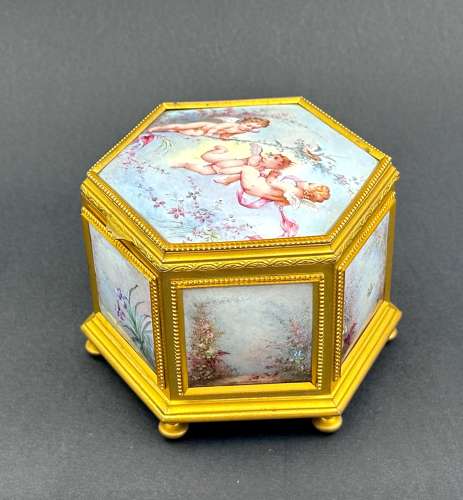 Fine Antique French Enamelled and Dore Broze Hexagonal Jewellery Box
