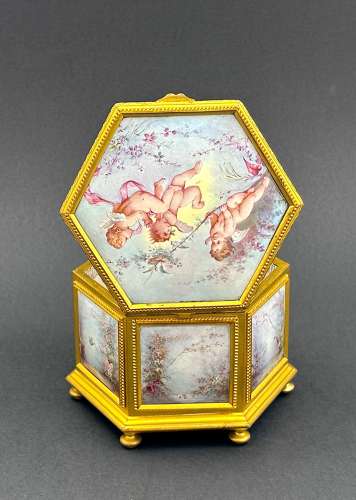 Fine Antique French Enamelled and Dore Broze Hexagonal Jewellery Box