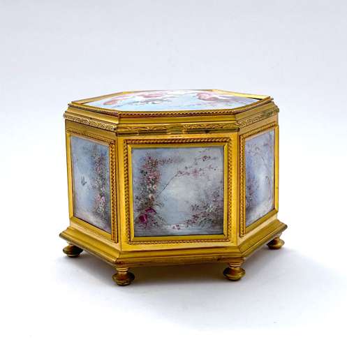 Fine Antique French Enamelled and Dore Broze Hexagonal Jewellery Box