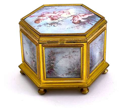 Fine Antique French Enamelled and Dore Broze Hexagonal Jewellery Box