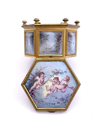 Fine Antique French Enamelled and Dore Broze Hexagonal Jewellery Box