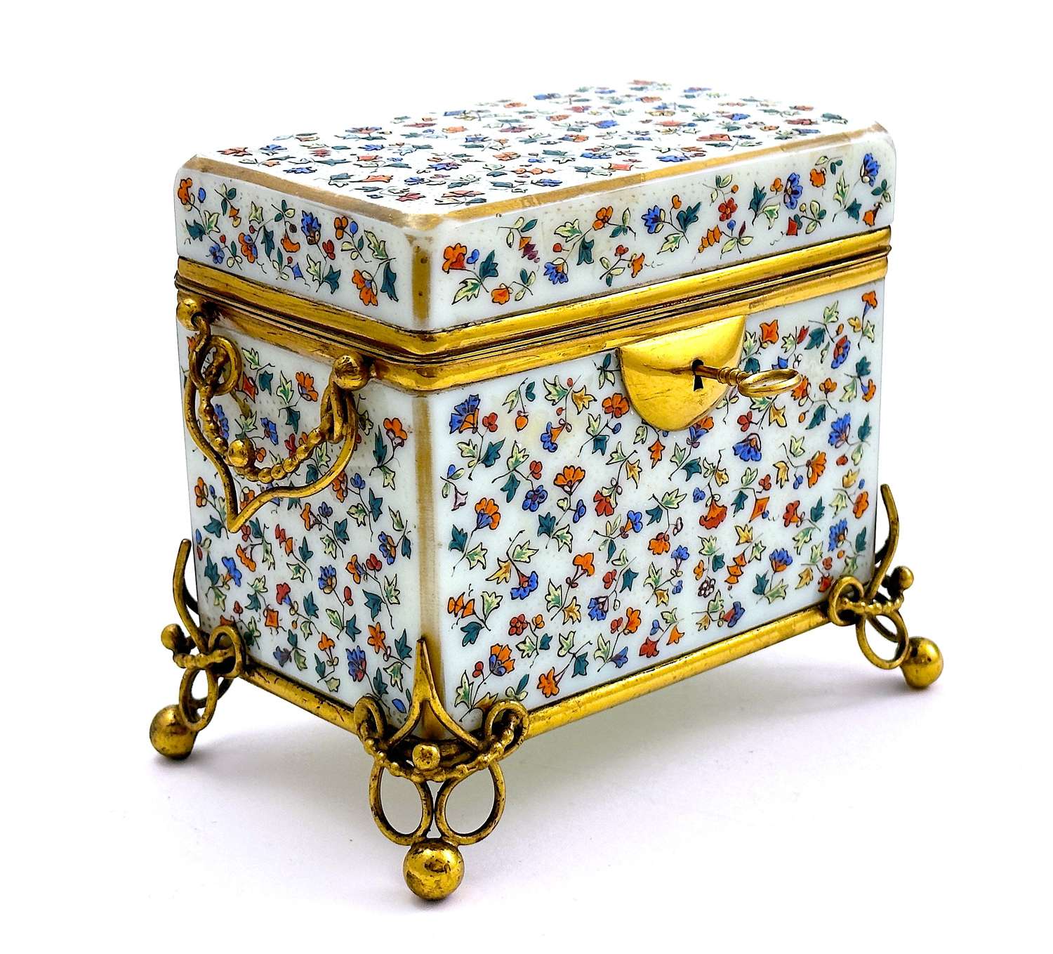 Antique French Light Vanilla Opaline Glass Box with Dore Bronze Mounts