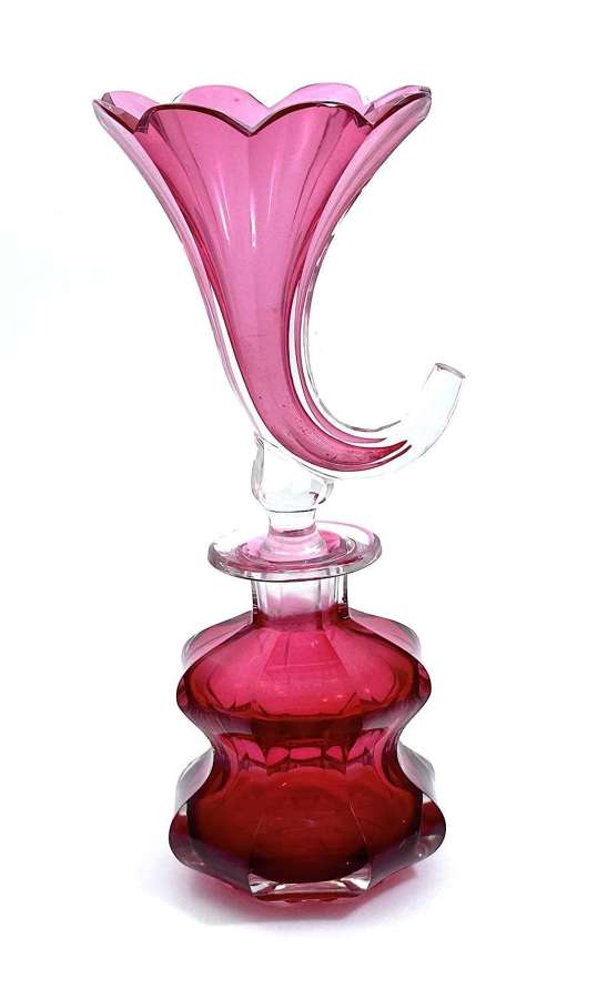 Extra Large Antique Bohemian Cranberry Glass Cornucopia Perfume Bottle