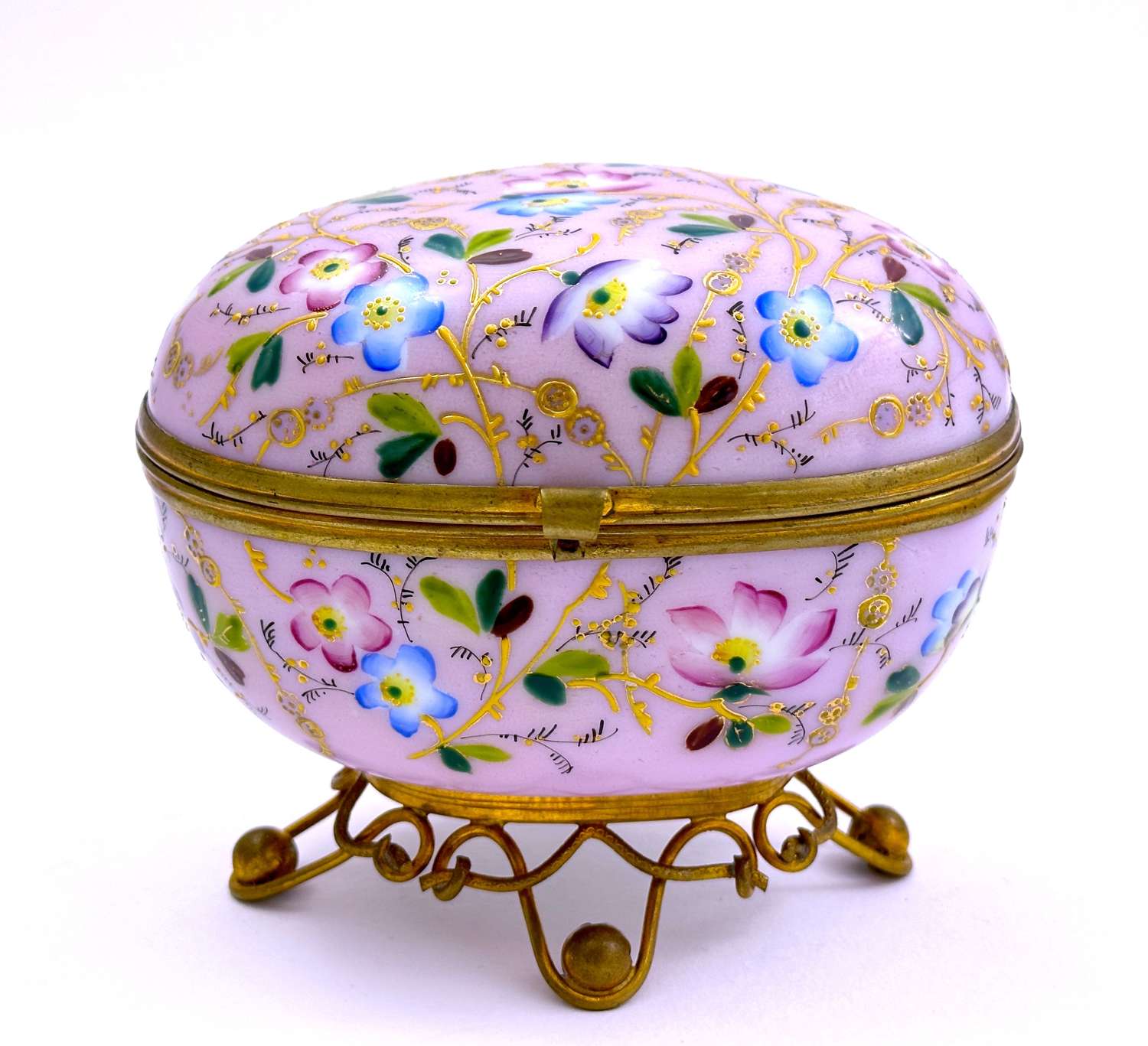 Antique MOSER Pink Opaline Glass Box Enamelled with Colourful Flowers